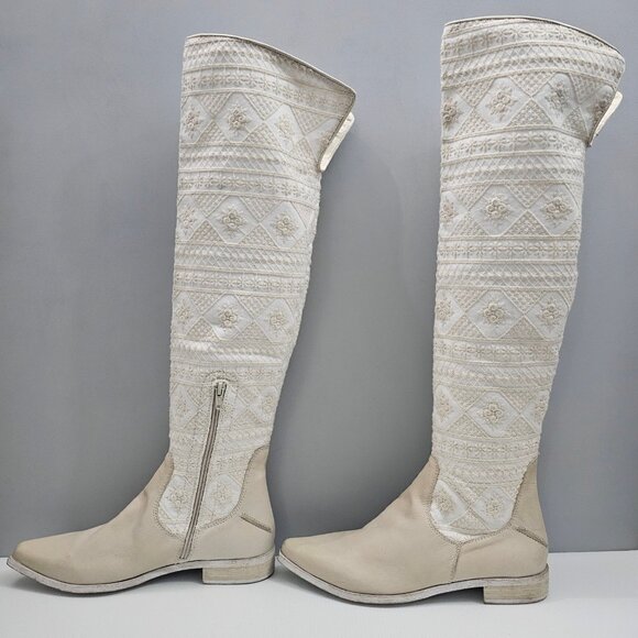 Free People Bren Knee High Boot Womens EU 39 Cream Embroidered Slouchy Boho NEW - Picture 2 of 15